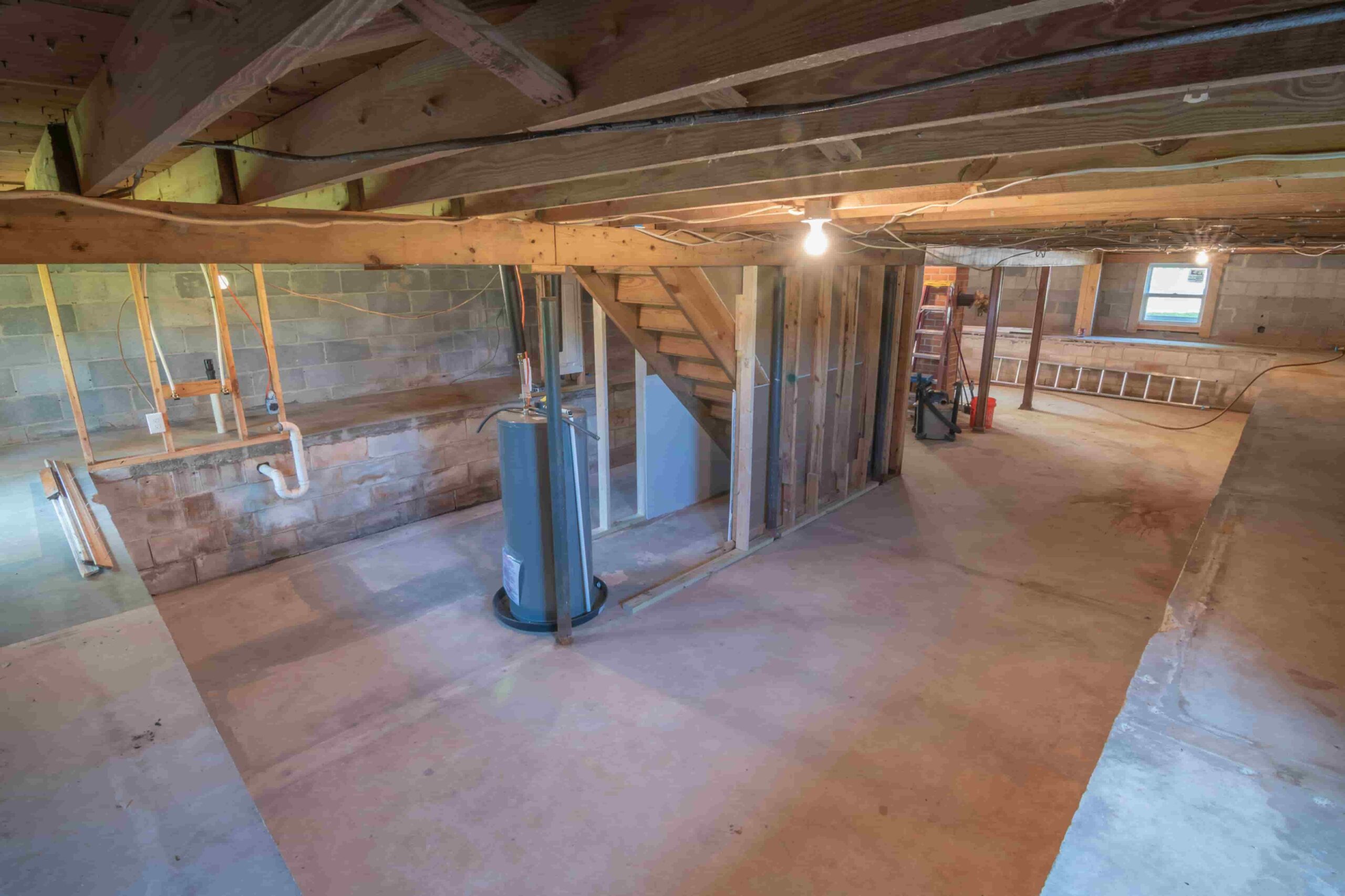 Unfinished basement with exposed wooden beams, concrete floor, cinder block walls, visible plumbing, and a water heater next to a wooden staircase—an ideal starting point if you're wondering what is the process for renovating a basement in Coquitlam.