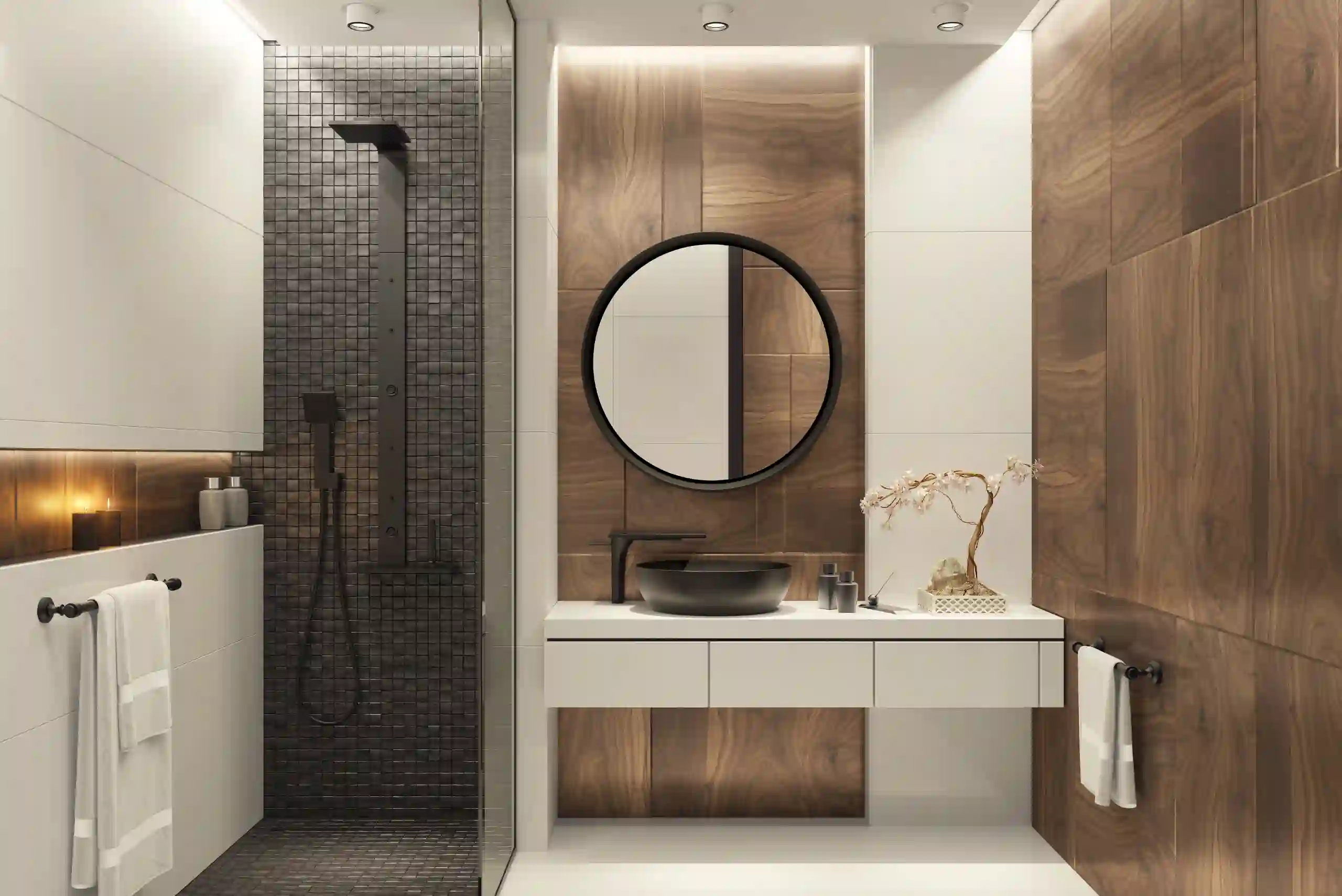 Modern bathroom with wood panel accents, black round mirror, black sink, dark tiled shower, towel racks, and a decorative branch on the counter. Warm recessed lighting throughout the space.