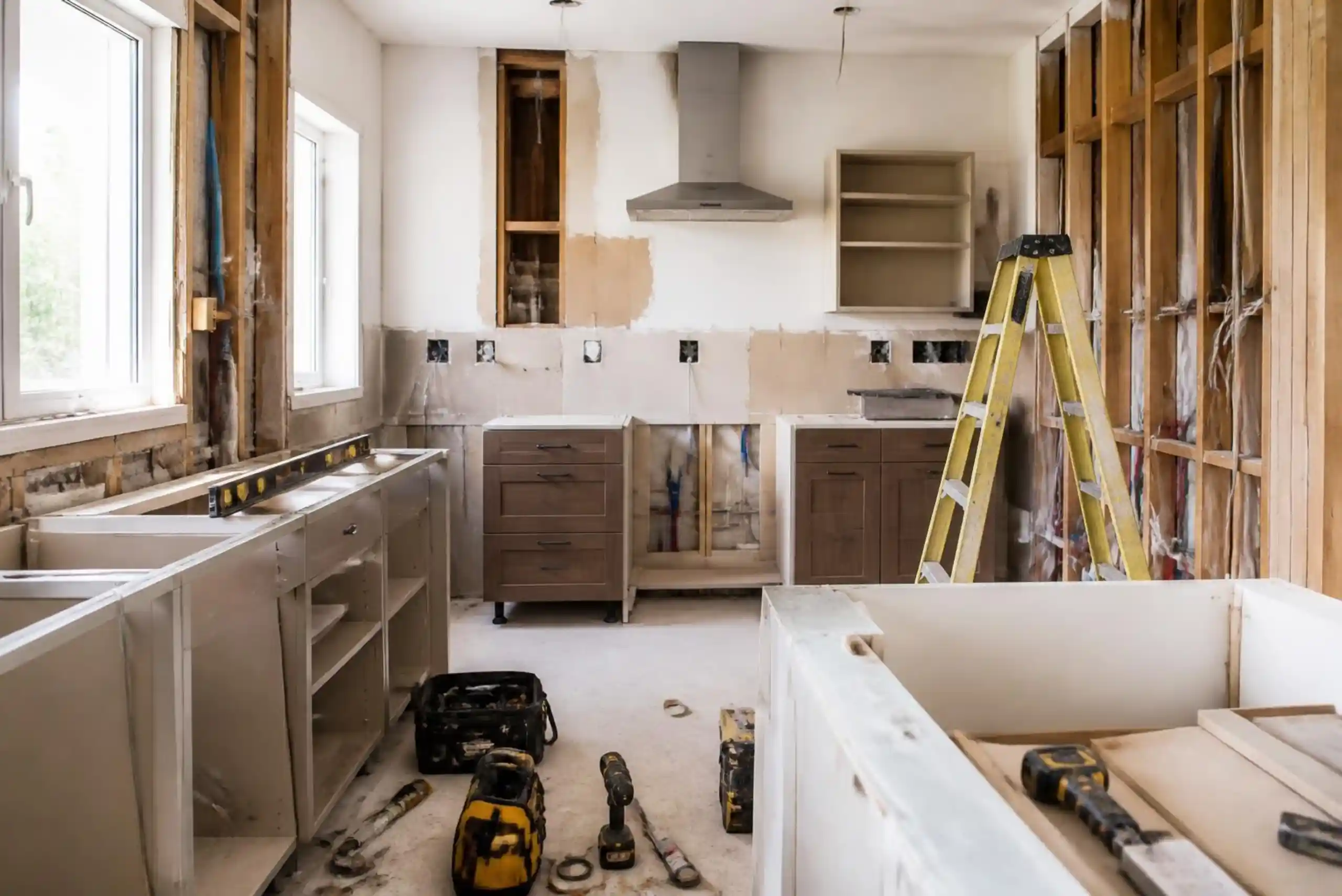 Kitchen under renovation with cabinets partially installed, tools scattered on the floor, a ladder on the right, and unfinished walls and shelves.