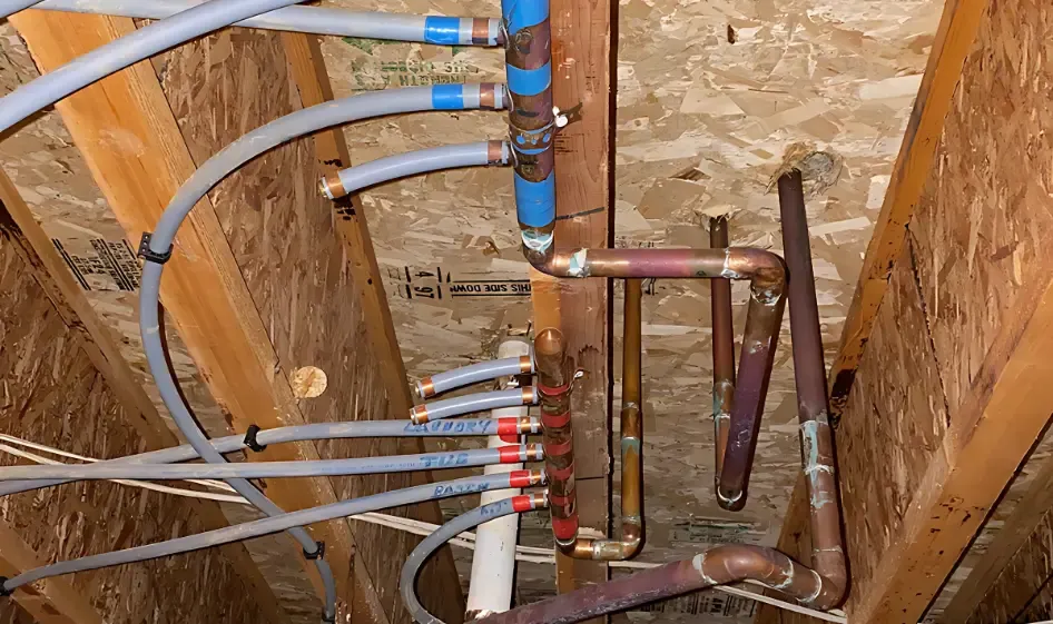 Exposed plumbing pipes and tubing, awaiting Polybutylene Pipe Replacement, run along a plywood ceiling and wooden beams in an unfinished building interior.
