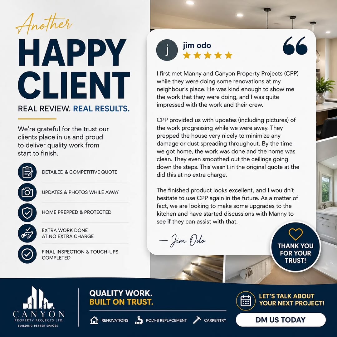 ⭐️ CLIENT REVIEW ⭐️ Nothing speaks louder than a happy client. We met Jim while working on a neighbour’s home — and that turned into a full renovation + Poly-B replacement project while he was away on vacation. From start to finish: ✔️ Detailed and competitive quote ✔️ Full project completed while client was away ✔️ Daily updates with photos ✔️ Clean, protected job site ✔️ Extra work done at no additional cost ✔️ Final quality inspection + touch-ups handled immediately Result? A smooth ceiling, upgraded lighting, new piping system, and a very happy homeowner. We take pride in doing things the right way — no shortcuts, no surprises. Appreciate the trust, Jim 🙌 Looking forward to the next project together. 📍 Fraser Valley / Lower Mainland 📞 DM us or call to book your project #CanyonPropertyProjects #ClientReview #HomeRenovation #PolyBReplacement #VancouverContractor RenovationExperts QualityWork BeforeAndAfter TrustedContractor BCBuilders HomeUpgrade RealReviews ConstructionLife